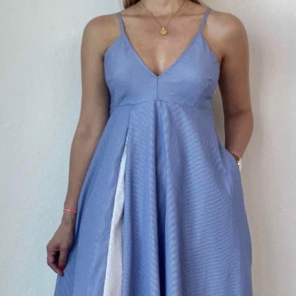 Zara Poplin Pinstripe Blue Midi Dress Pockets Sz M - Picture 6 of 14